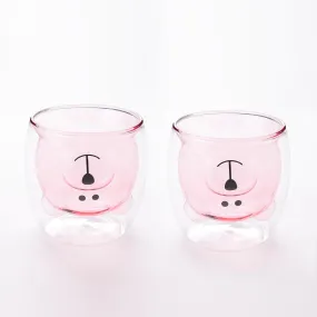 UMAI Cute Teddy Bear Glass Mug Set of 2 I Double Walled Borosilicate 250ml I Transparent I Microwave Safe I Scratch Proof I Coffee Mugs for Couples I Pink I Gift for Friends, Family and Loved Ones