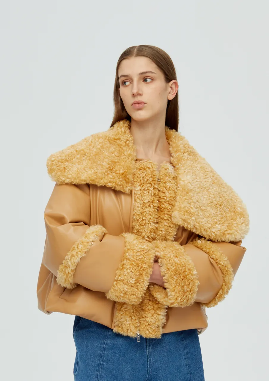 Vegan Leather Teddy Down Jacket - Camel