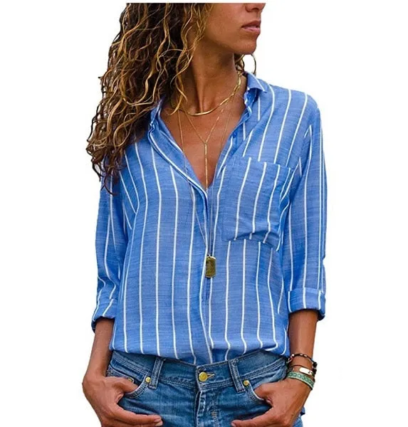 VenusFox Striped Long Sleeves V Neck Blouse Womens Tops And Blouses