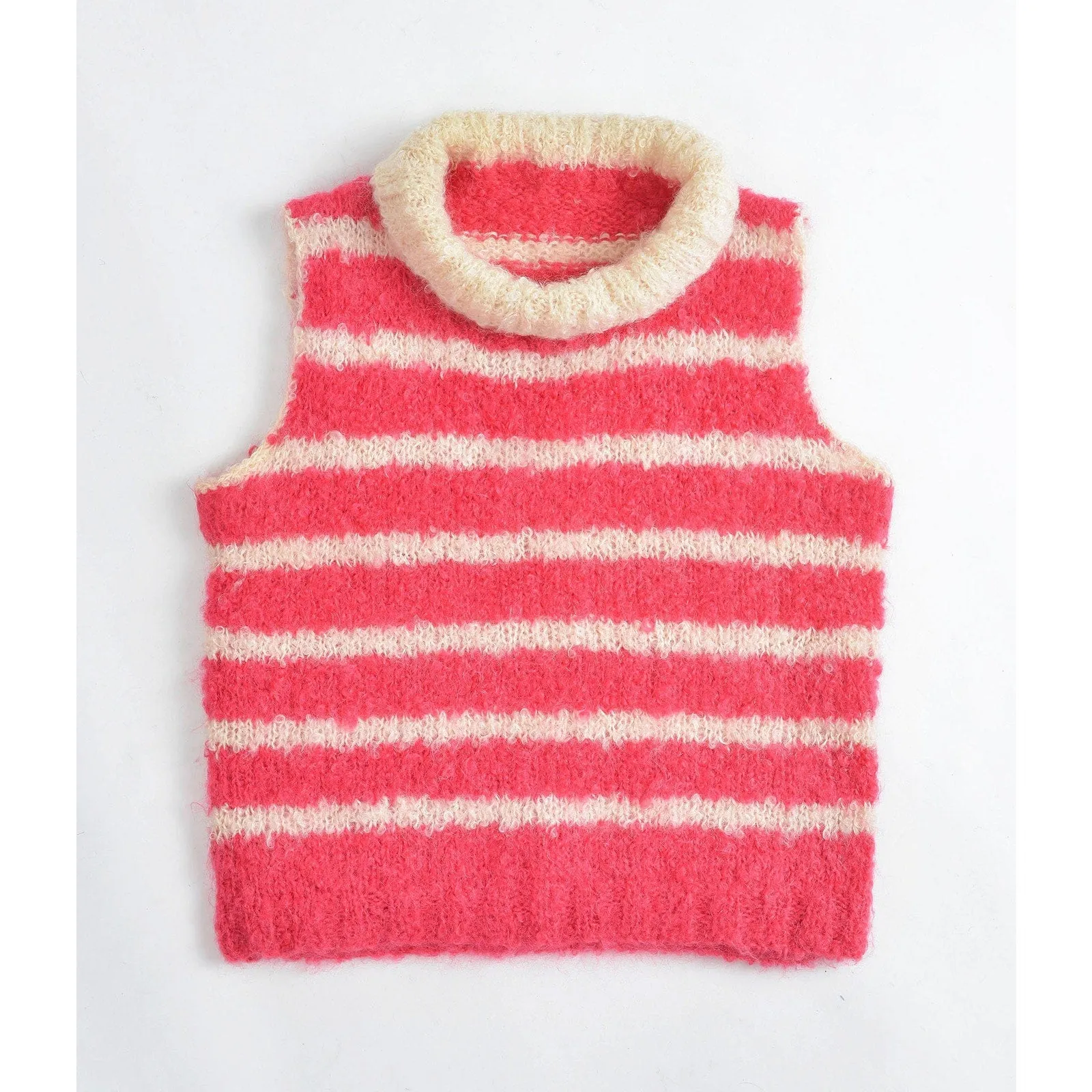 Vintage 60s Pink and Cream Striped Mohair Sweater Hand Knit Sleeveless Top size S M