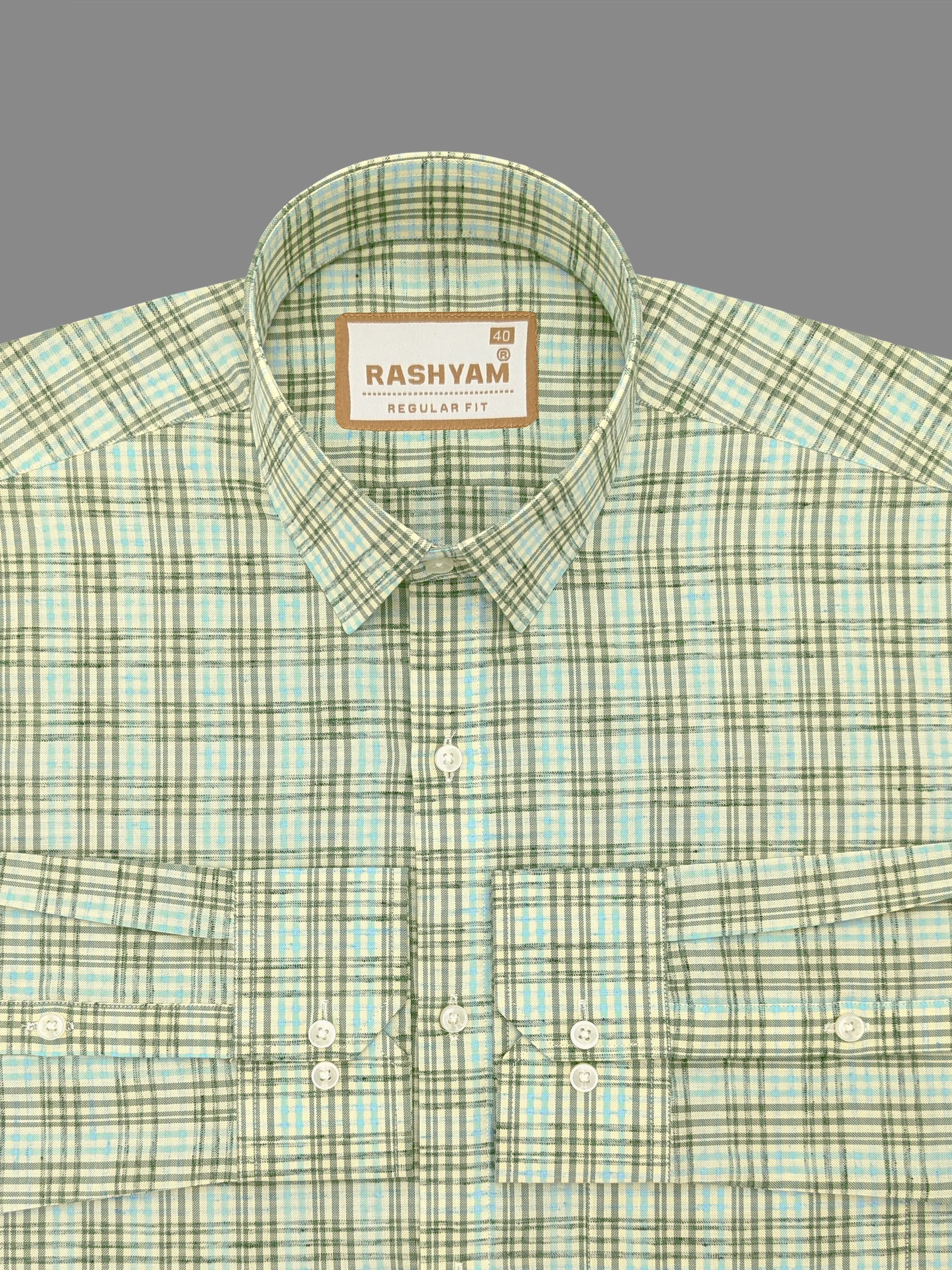 Viridian Green With Coral Blue Multi Checks Giza Cotton Shirt