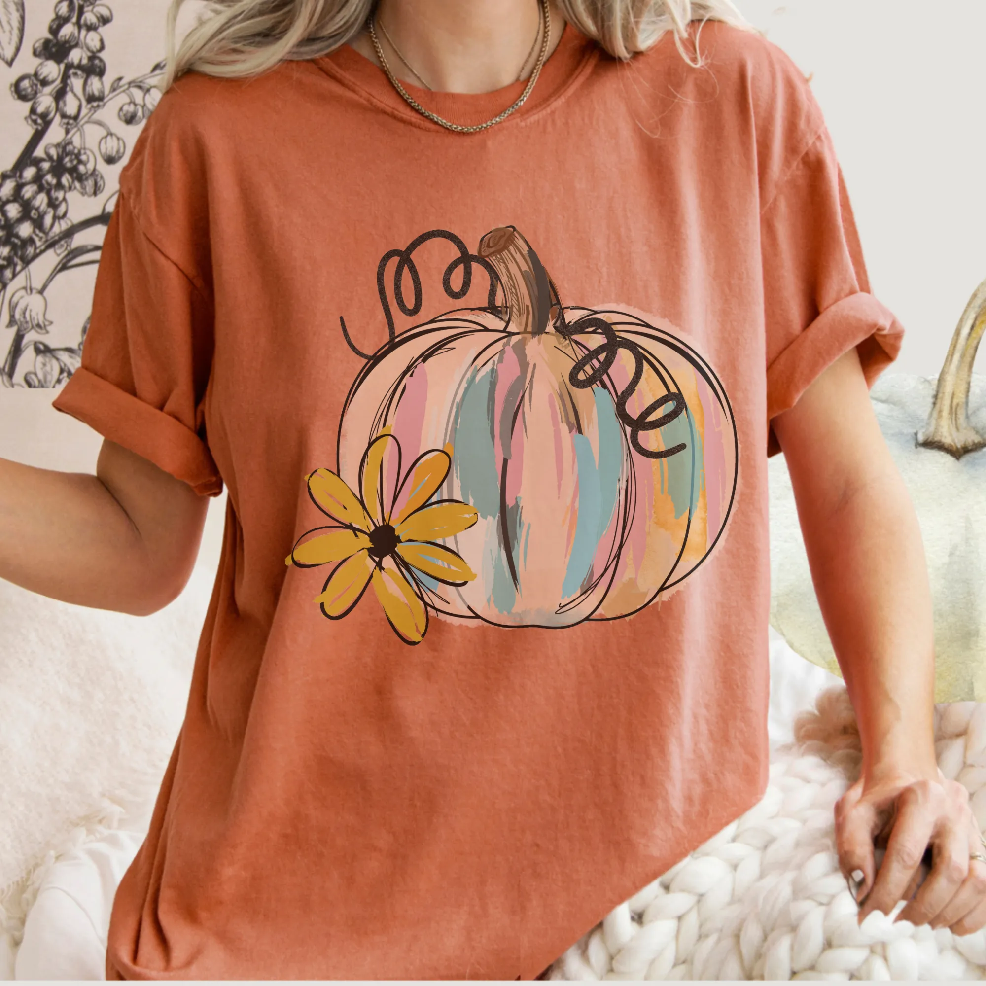 Watercolor Pumpkin Fall Comfort Colors® Hand Drawn Pastel Pumpkin T-Shirt, Women's Shirt