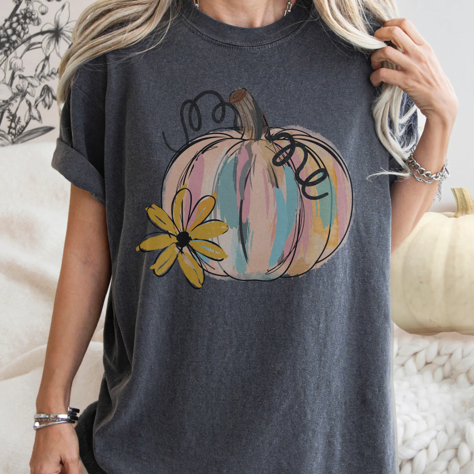 Watercolor Pumpkin Fall Comfort Colors® Hand Drawn Pastel Pumpkin T-Shirt, Women's Shirt