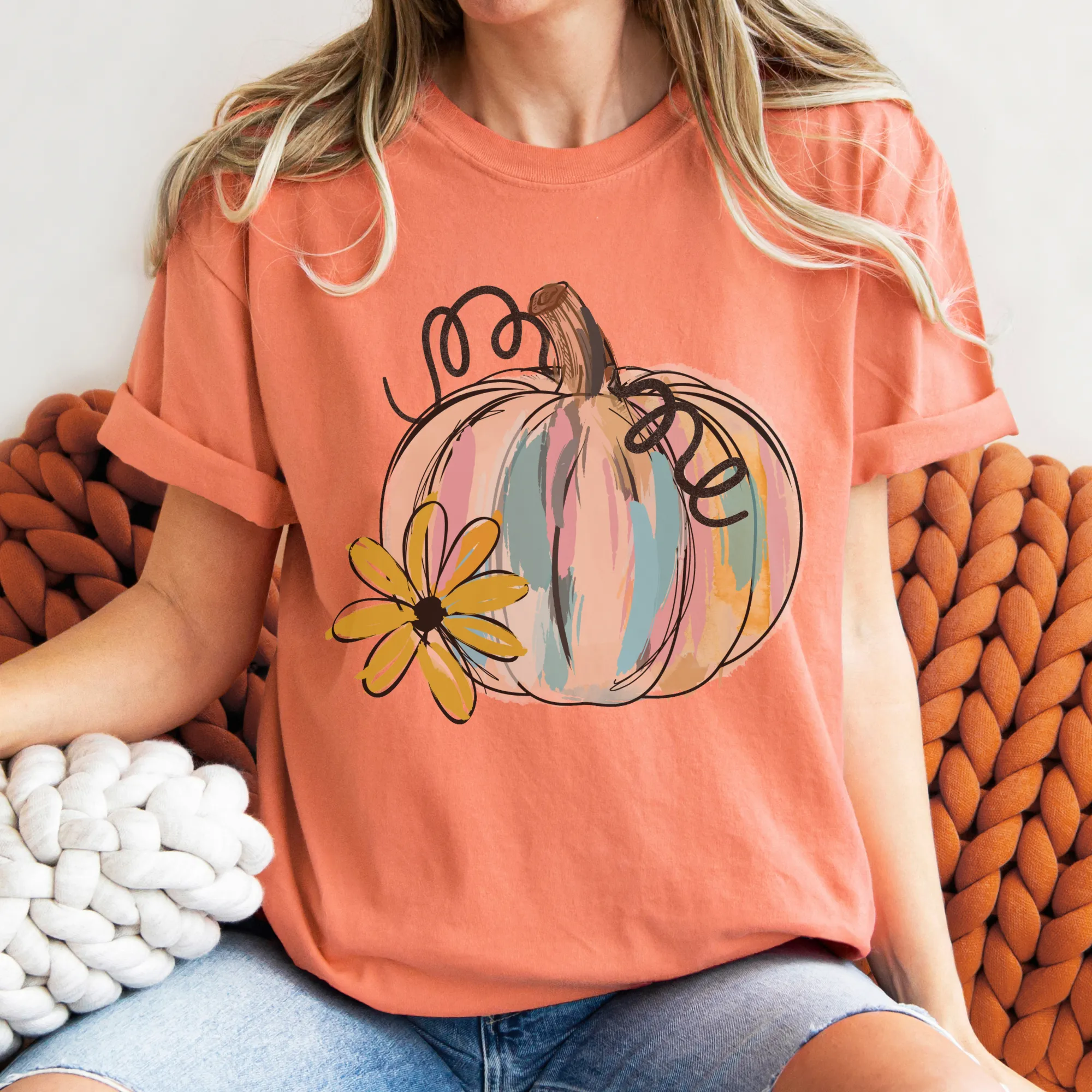 Watercolor Pumpkin Fall Comfort Colors® Hand Drawn Pastel Pumpkin T-Shirt, Women's Shirt