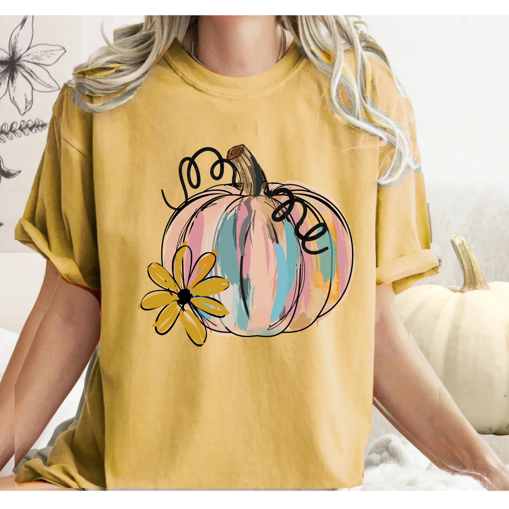 Watercolor Pumpkin Fall Comfort Colors® Hand Drawn Pastel Pumpkin T-Shirt, Women's Shirt