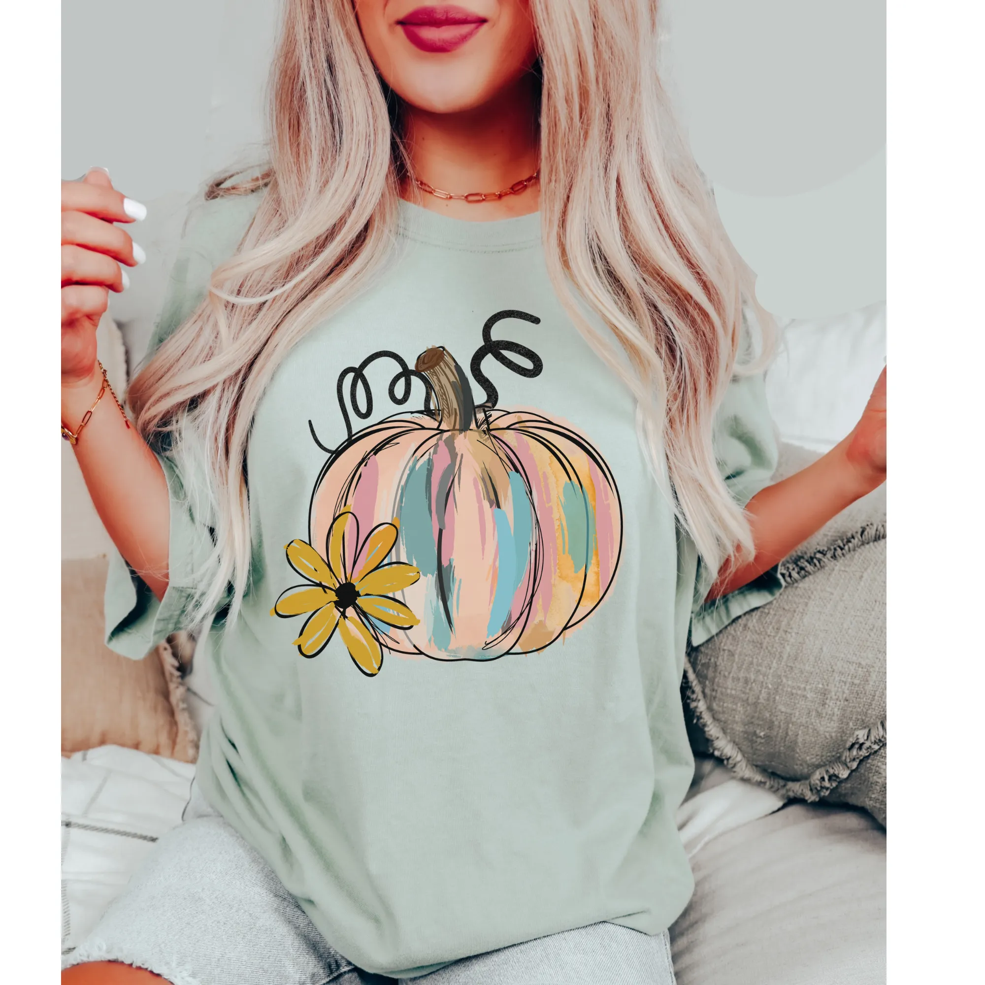 Watercolor Pumpkin Fall Comfort Colors® Hand Drawn Pastel Pumpkin T-Shirt, Women's Shirt