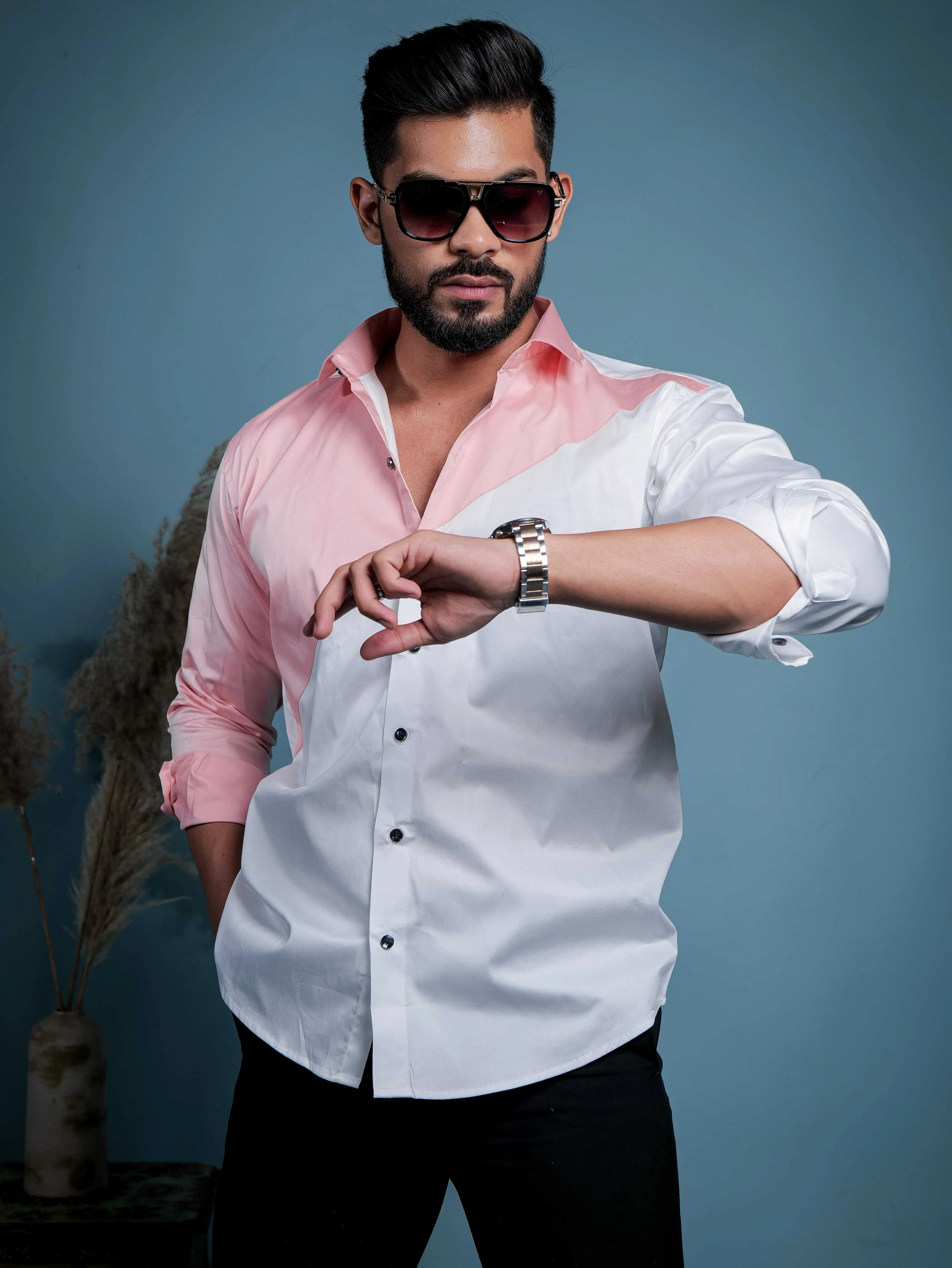 White And Peach Designer Satin Cotton Shirt