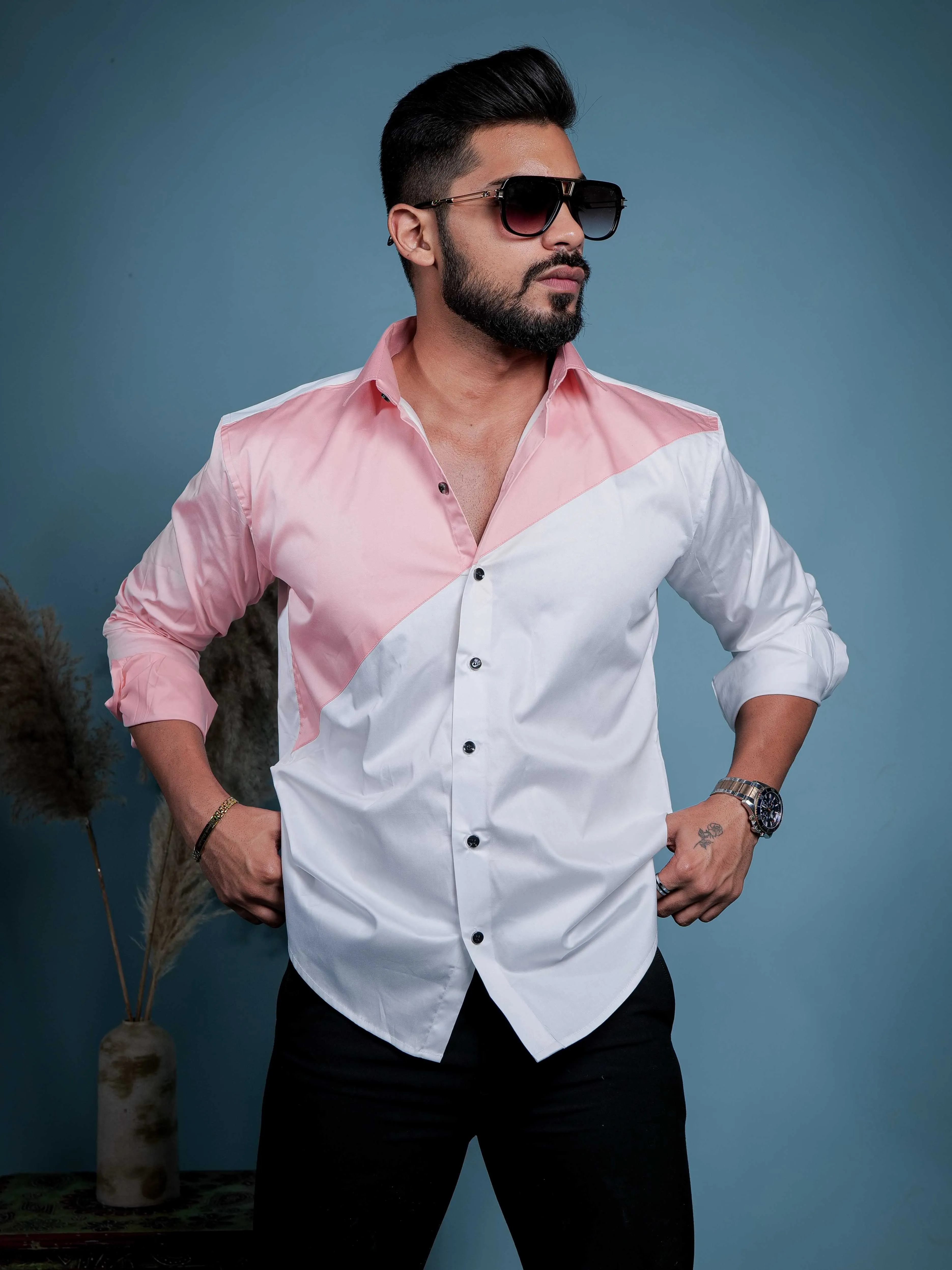 White And Peach Designer Satin Cotton Shirt