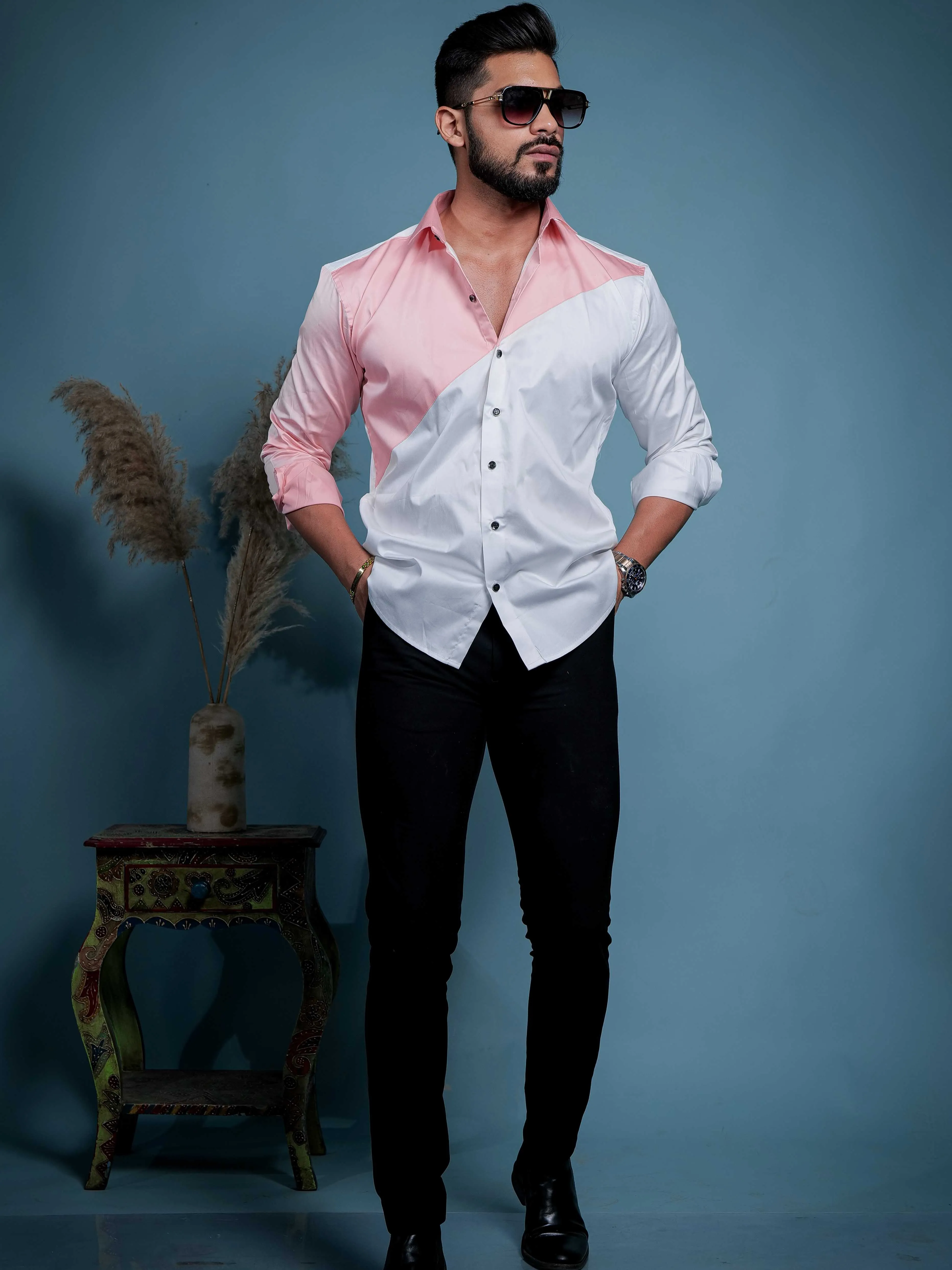 White And Peach Designer Satin Cotton Shirt