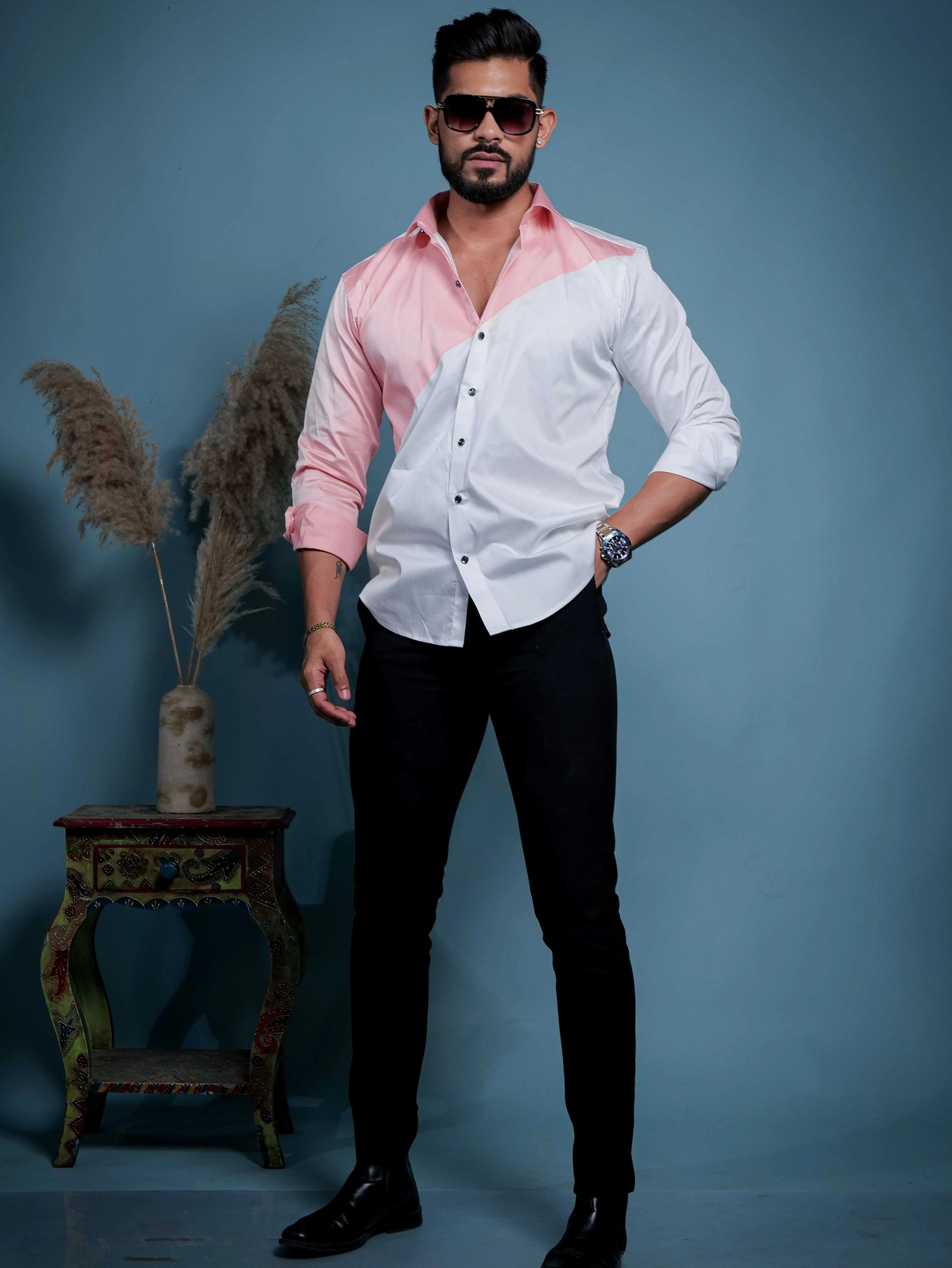 White And Peach Designer Satin Cotton Shirt