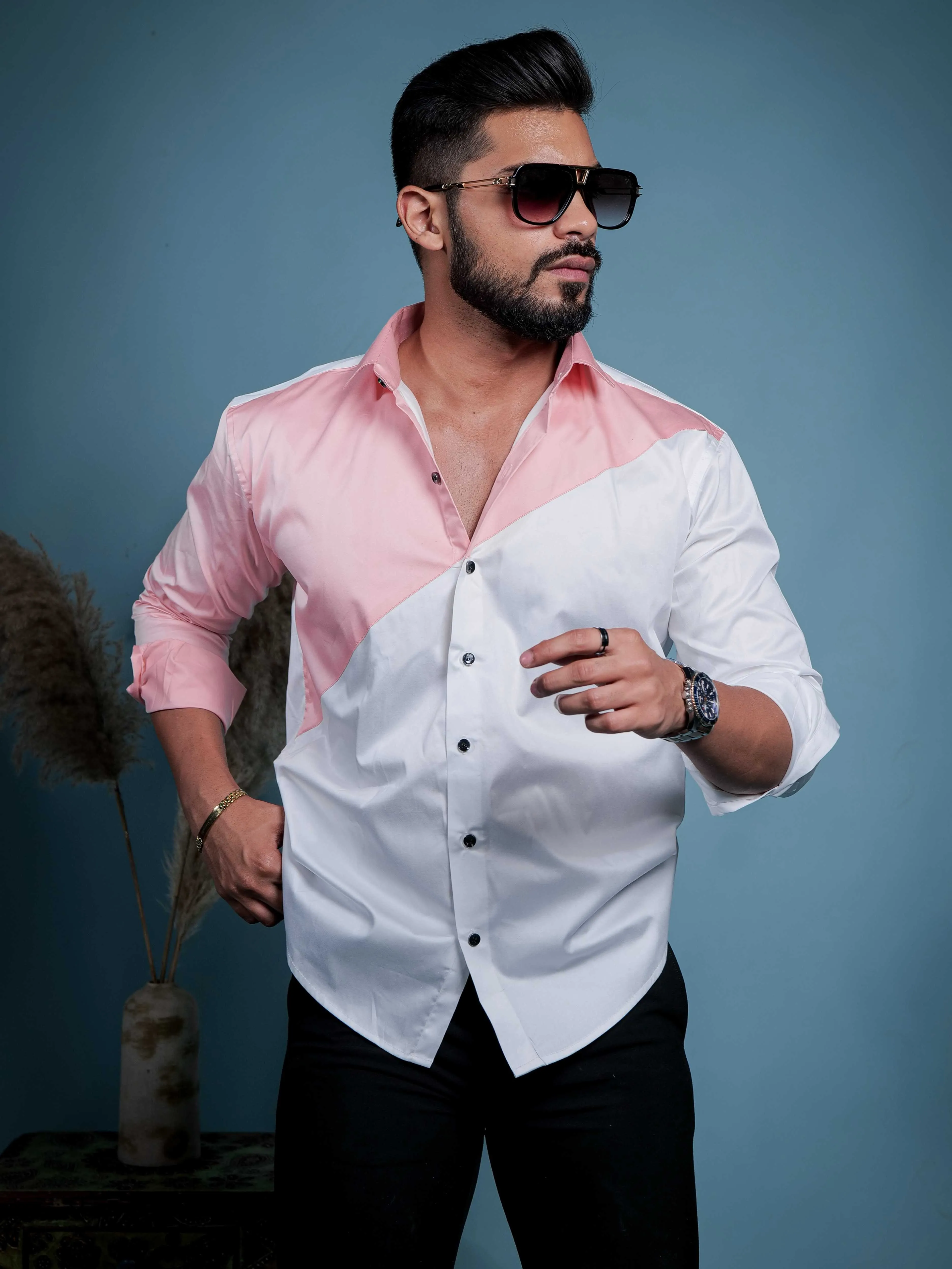 White And Peach Designer Satin Cotton Shirt