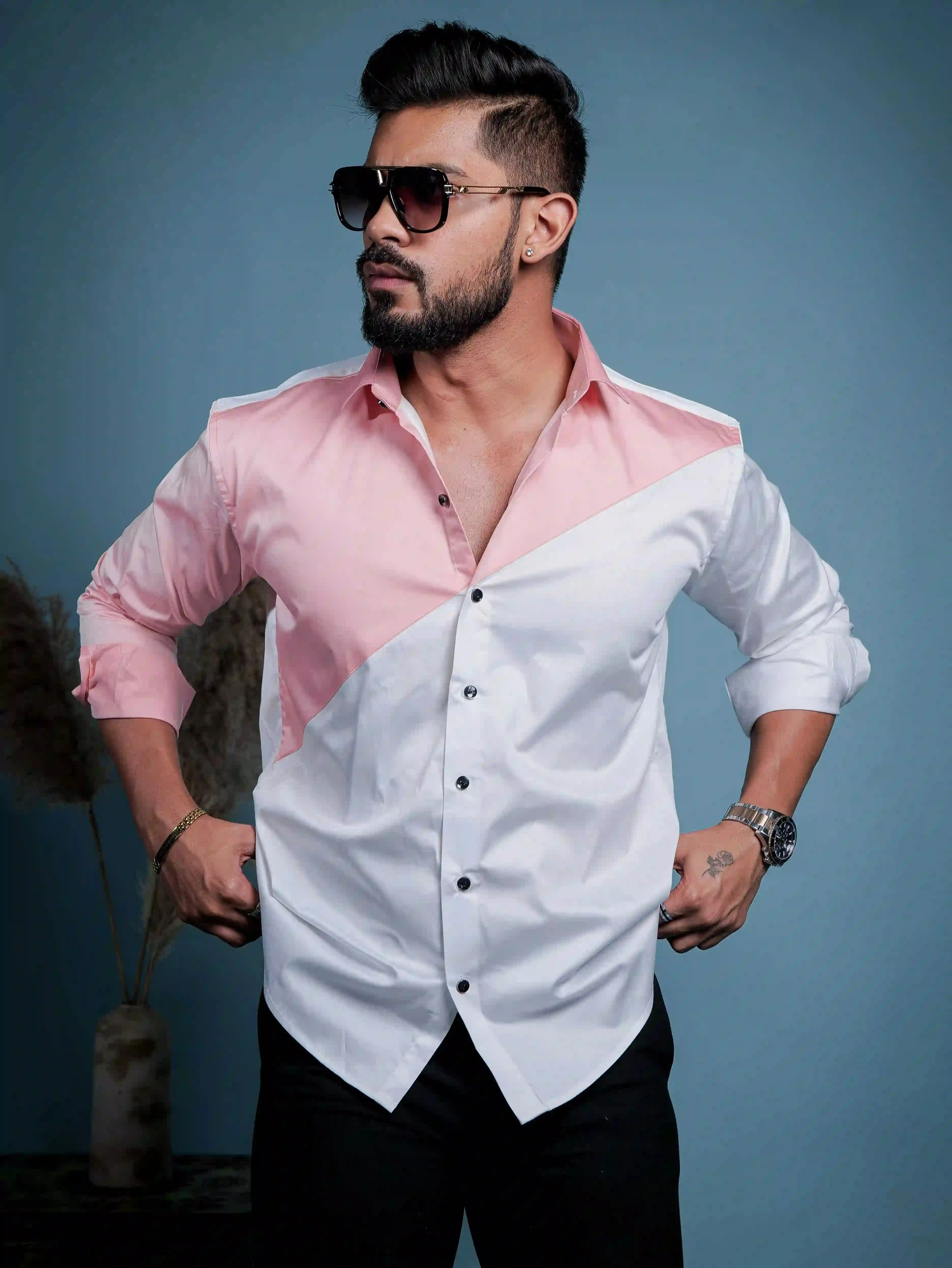 White And Peach Designer Satin Cotton Shirt