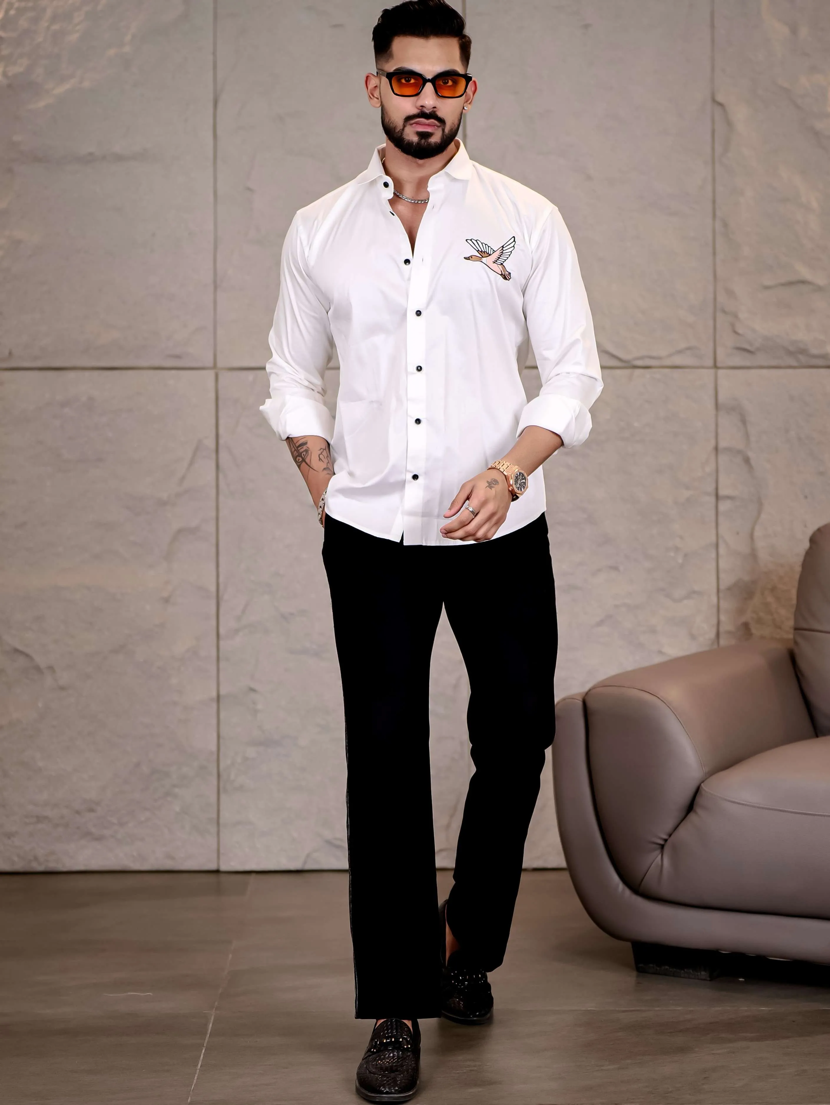 White Hans Embroidered Premium Cotton Shirt For Men