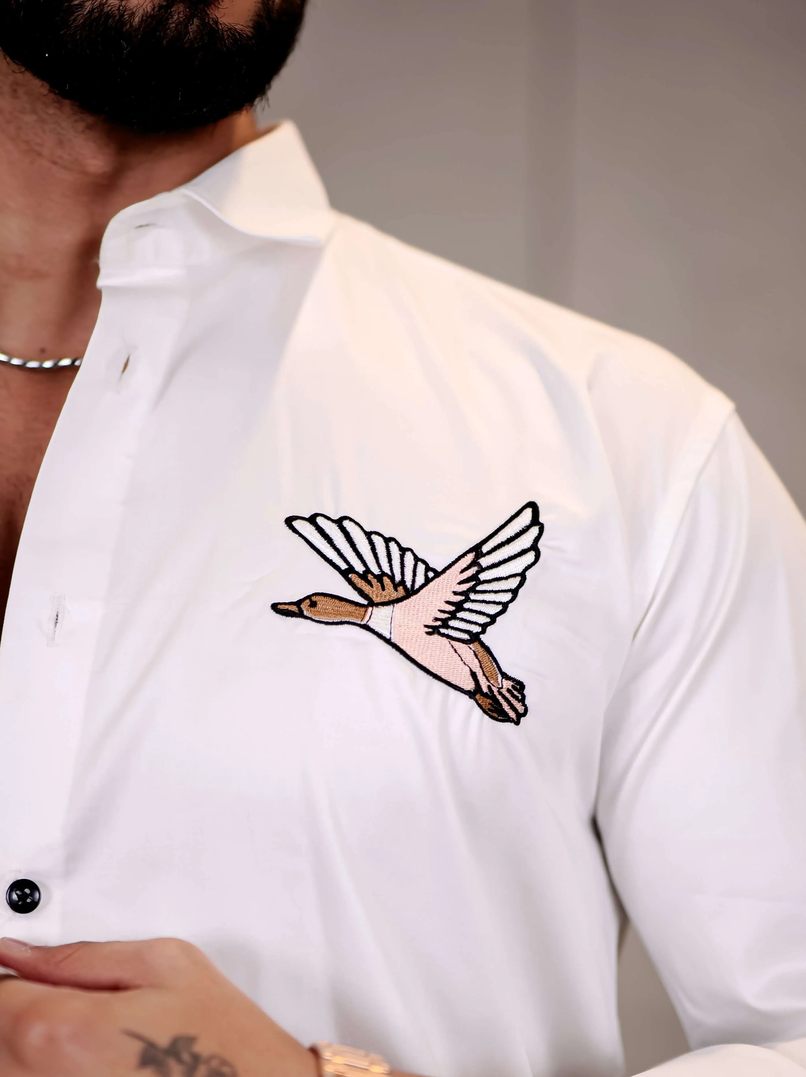 White Hans Embroidered Premium Cotton Shirt For Men