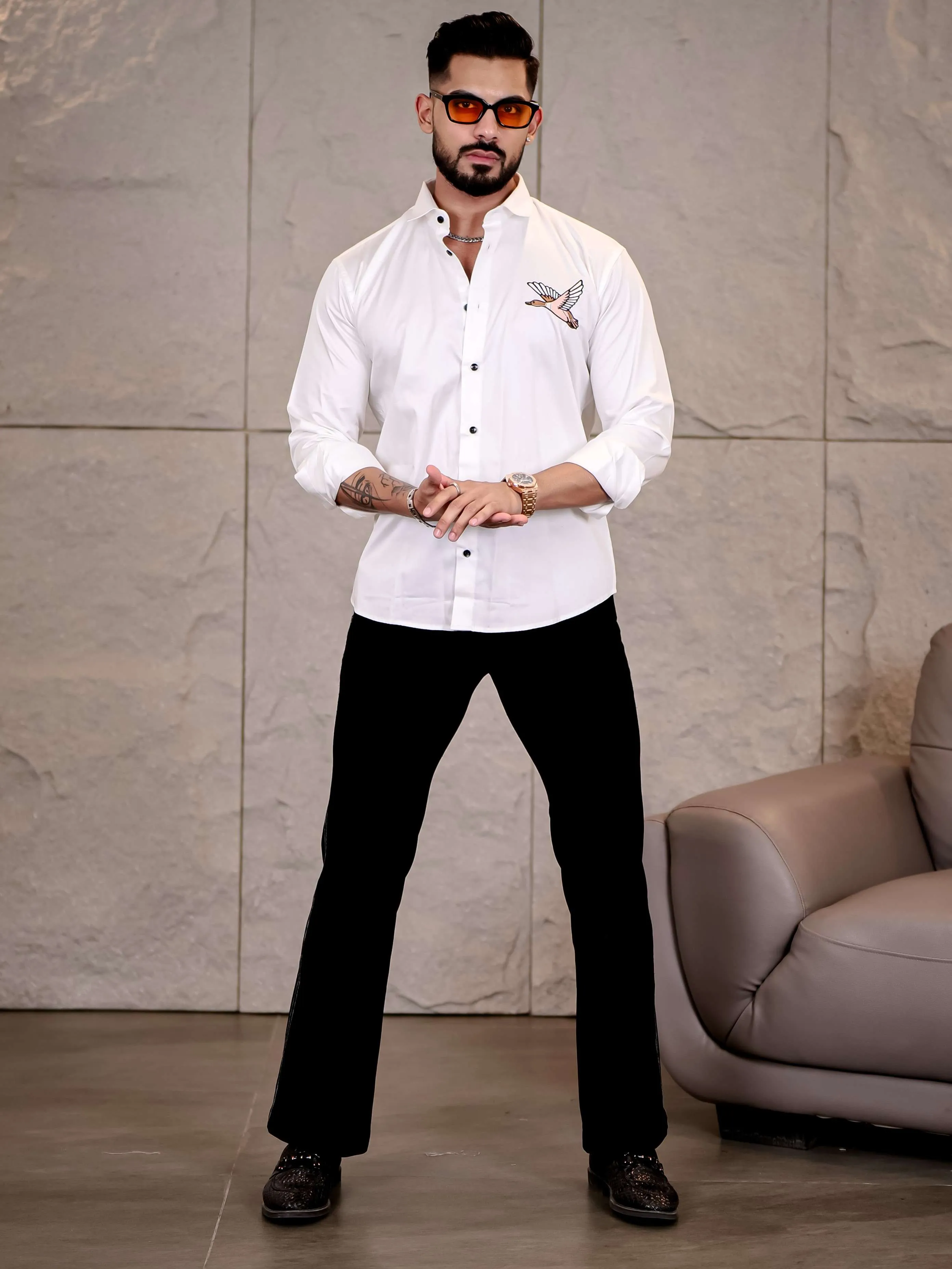 White Hans Embroidered Premium Cotton Shirt For Men