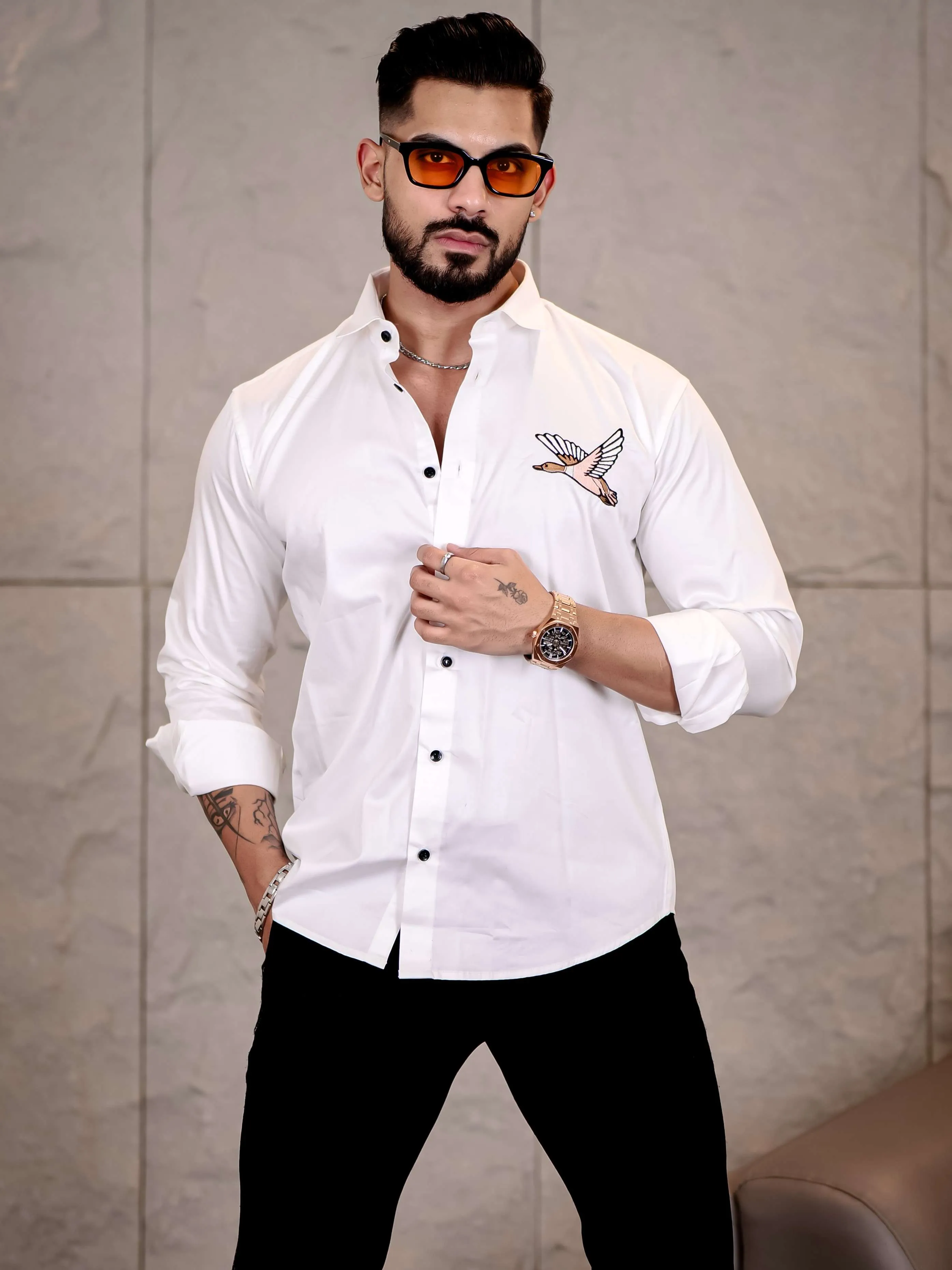 White Hans Embroidered Premium Cotton Shirt For Men