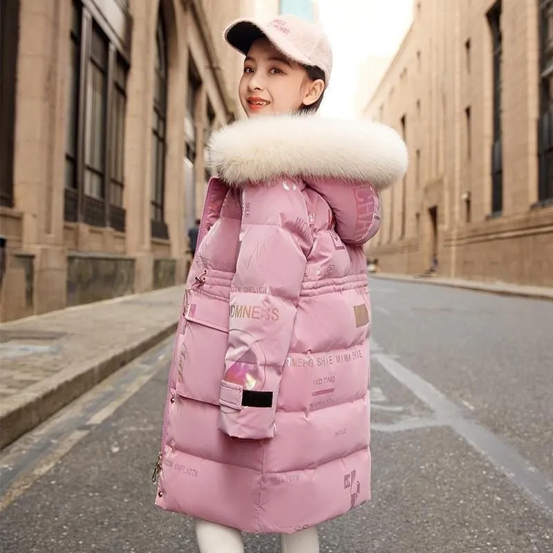 Winter Down Cotton Jacket Girls Waterproof Hooded Coat Kids Snowsuit