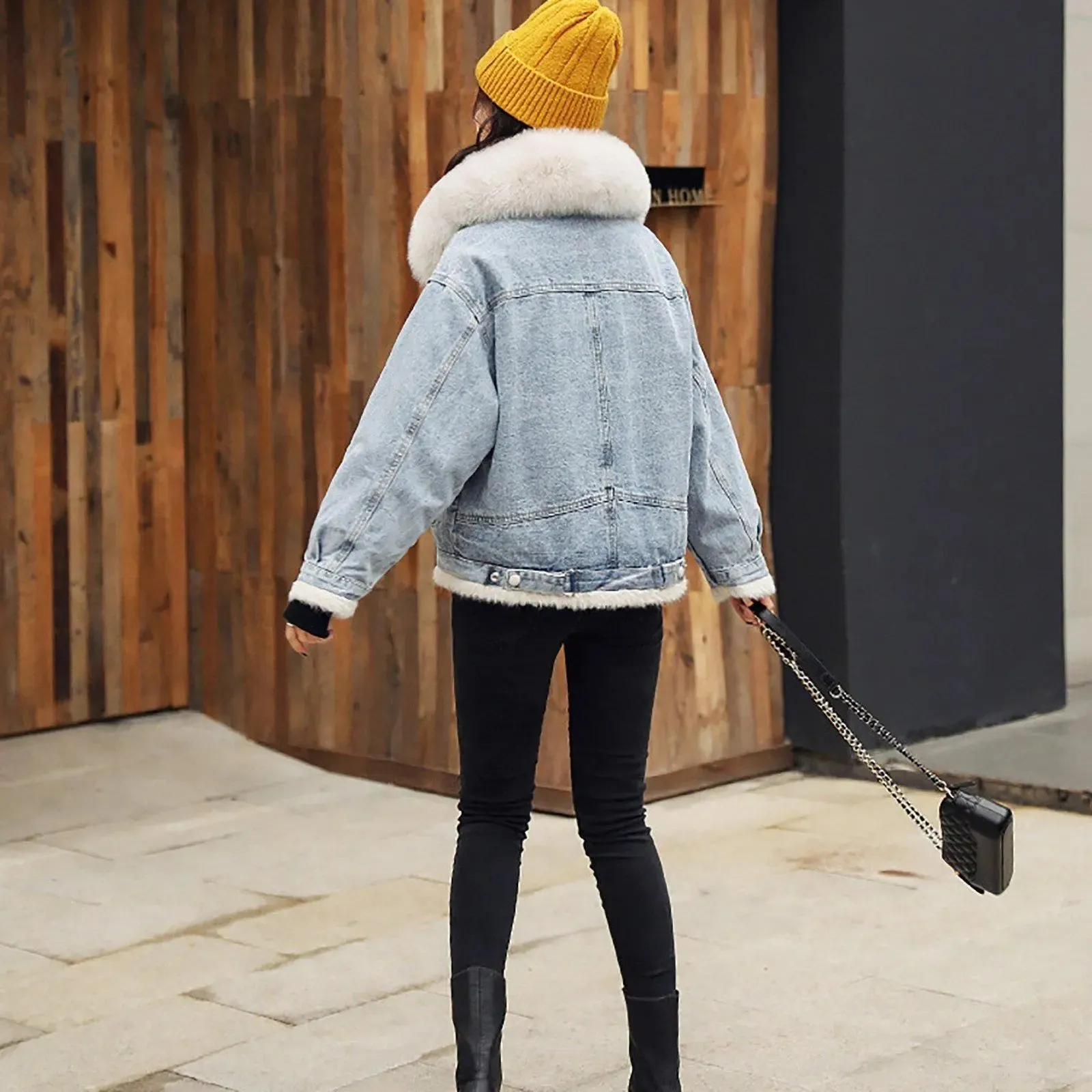 Winter Fox Fur Collar Denim Jacket