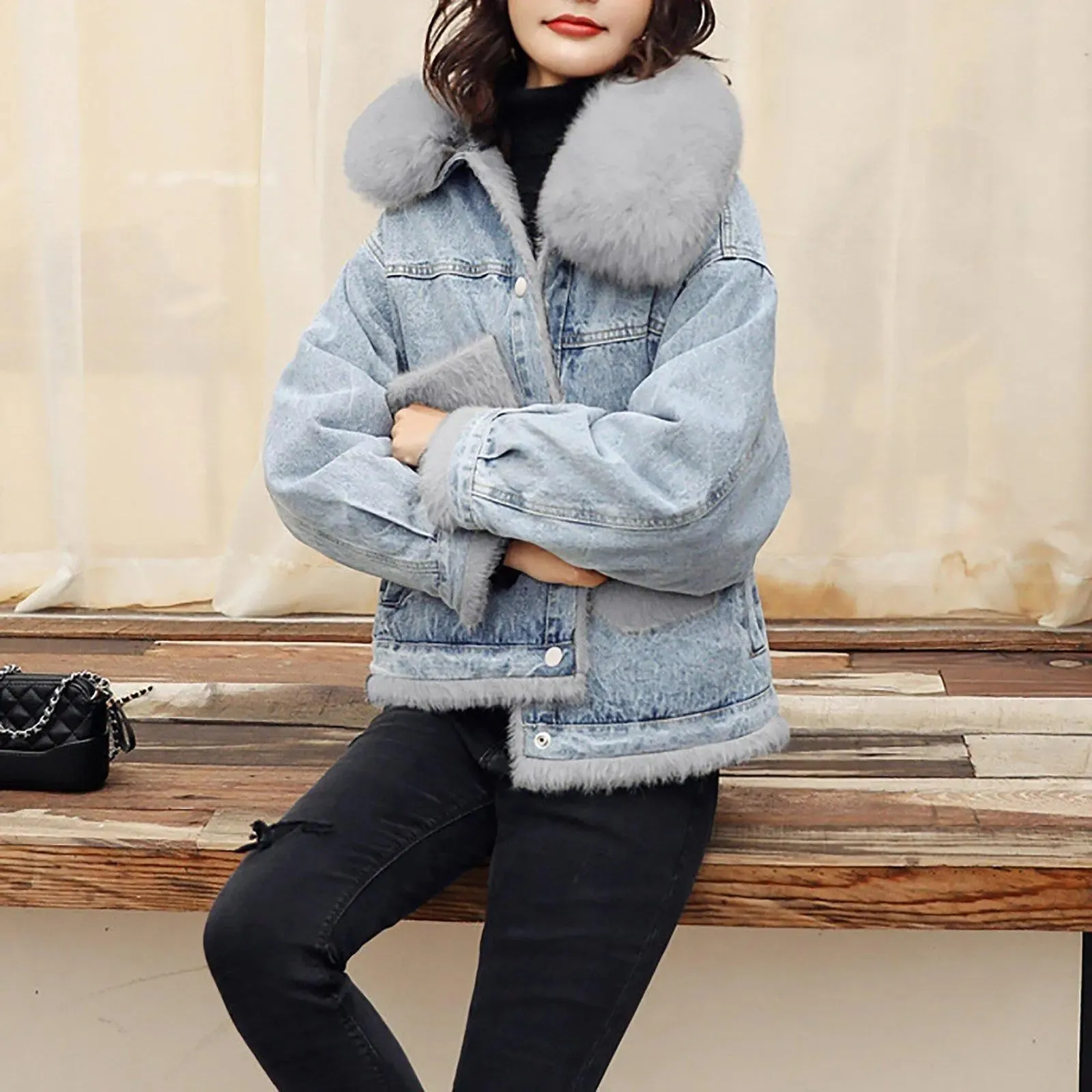 Winter Fox Fur Collar Denim Jacket