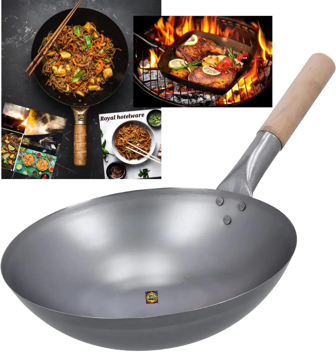 Wok Iron Kadhai/Wok 14 inch Wok Chinese with Wooden Handle use for Noodles Fried Rice Kadai with Handle (1.8kg) 1 pcs Extra Heavy Wok for use Perfect Grip- Traditionally Hand Made