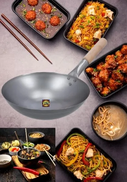 Wok Iron Kadhai/Wok 14 inch Wok Chinese with Wooden Handle use for Noodles Fried Rice Kadai with Handle (1.8kg) 1 pcs Extra Heavy Wok for use Perfect Grip- Traditionally Hand Made