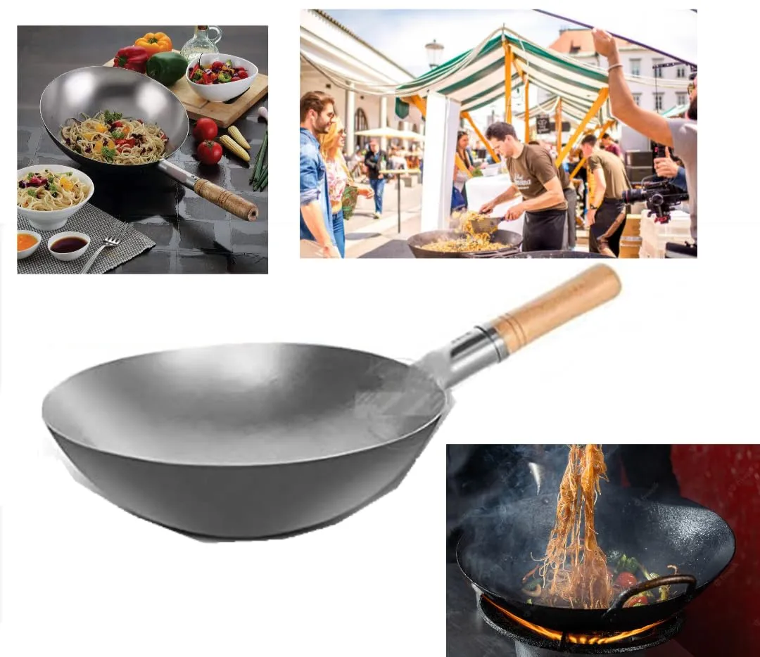 Wok Iron Kadhai/Wok 14 inch Wok Chinese with Wooden Handle use for Noodles Fried Rice Kadai with Handle (1.8kg) 1 pcs Extra Heavy Wok for use Perfect Grip- Traditionally Hand Made