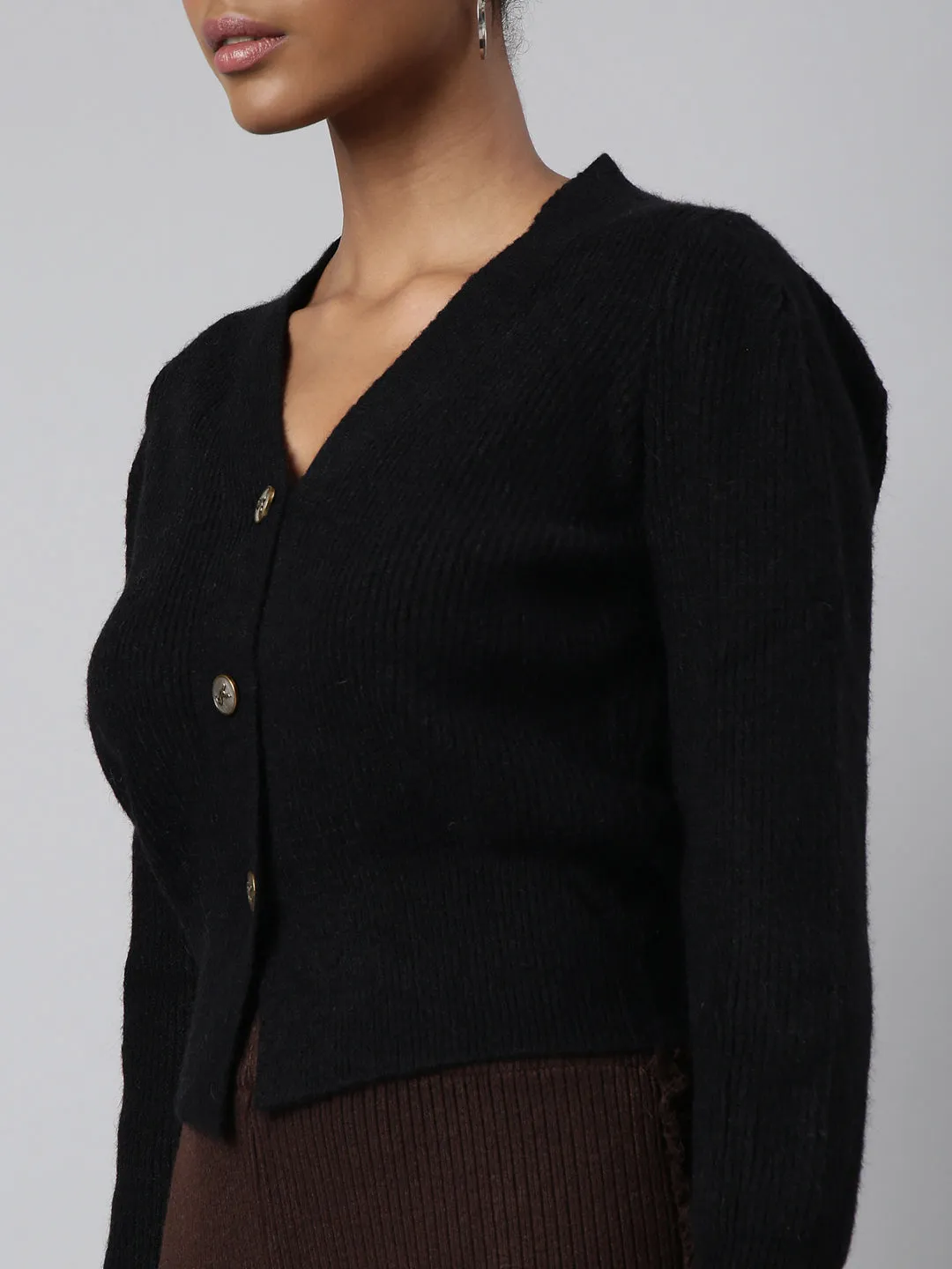 Women Solid Black Regular Cardigan