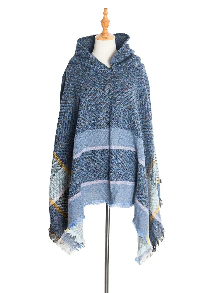 Women's Herringbone Striped Pattern Hooded Poncho