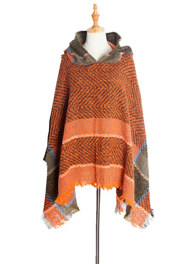 Women's Herringbone Striped Pattern Hooded Poncho