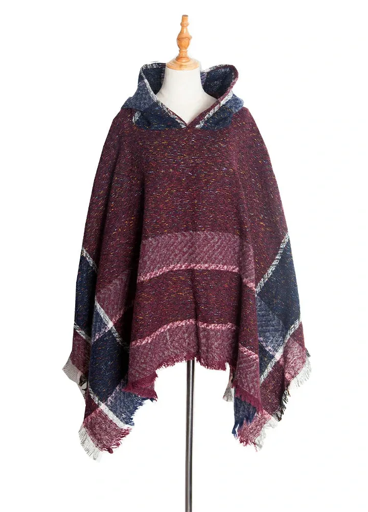 Women's Herringbone Striped Pattern Hooded Poncho