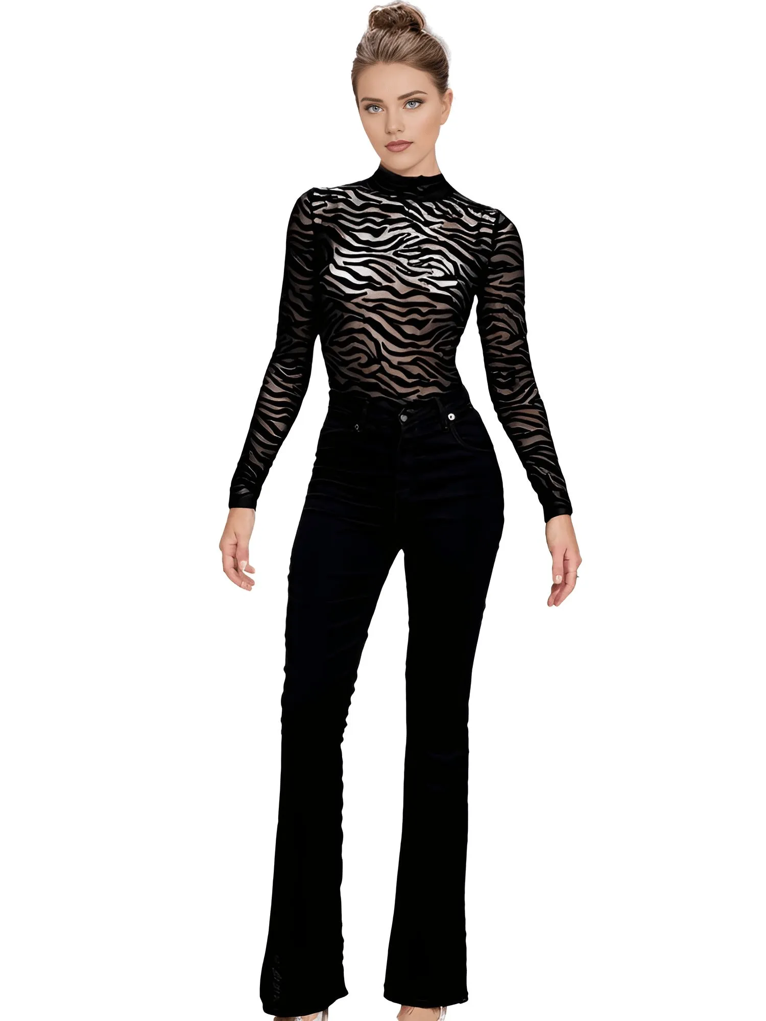 Women's Tiger Print Transparent Bodysuit Black Sexy Mock Neck Long Sleeve Bodysuit Slim